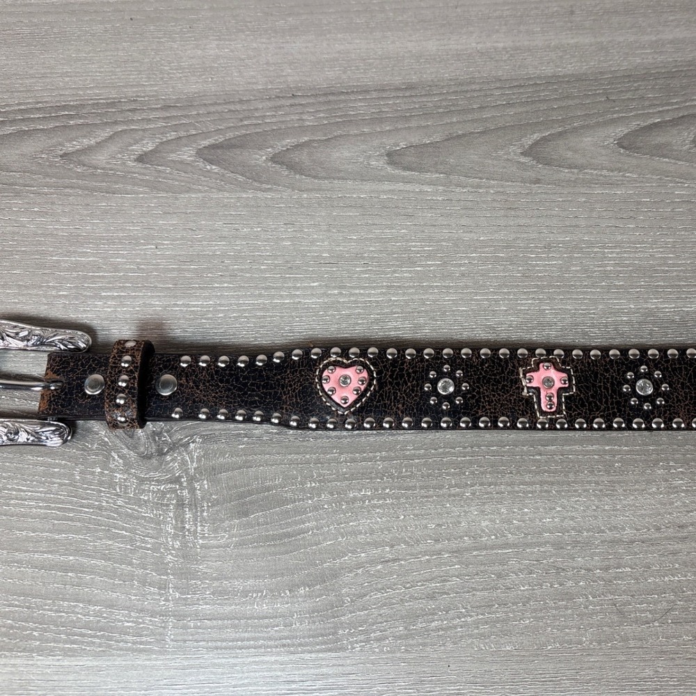 Nocona Girls Western Belt Brown Leather Pink Cross Heart Studded Size 24‎